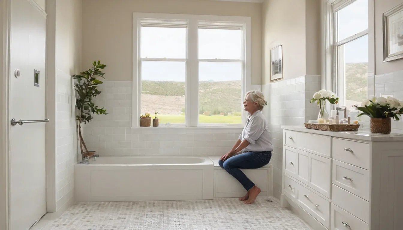 Friendly local provider showing an older homeowner a walk-in tub in a bright bathroom in Boston